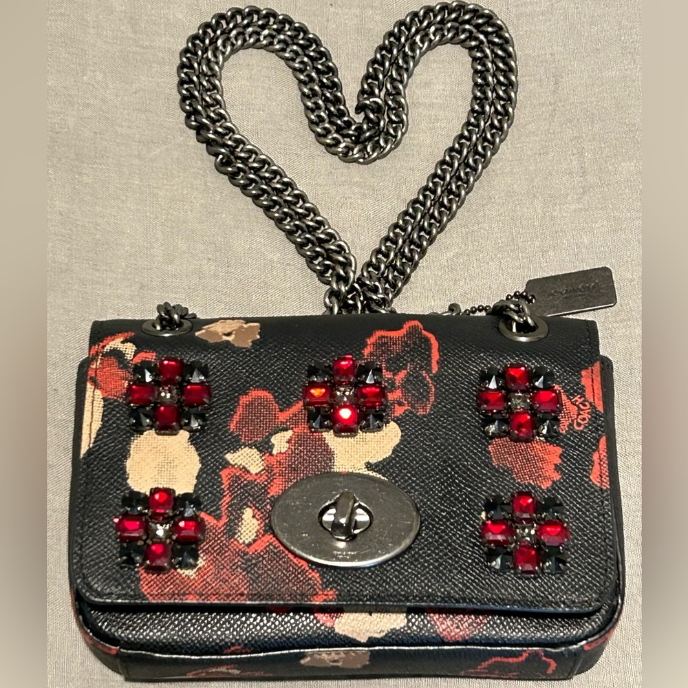 COACH Jewel Embellished Leather Floral Print Mini Convertible Crossbody Bag - Picture 8 of 15